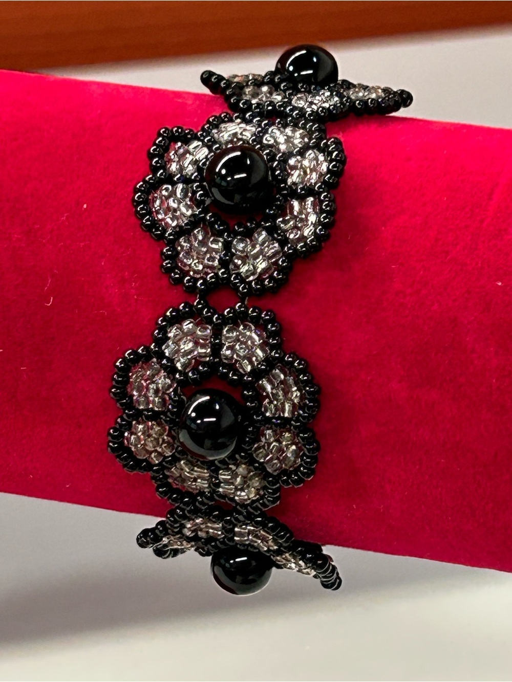 Handcrafted Black and Silver Glass Beaded Floral Bracelet magnetic closure